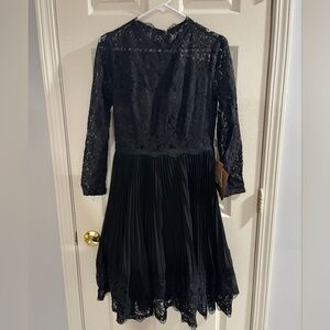 NWT Light In The Box Womens Black Lace High Neck Long‎ Sleeve Pleated Midi Dress
